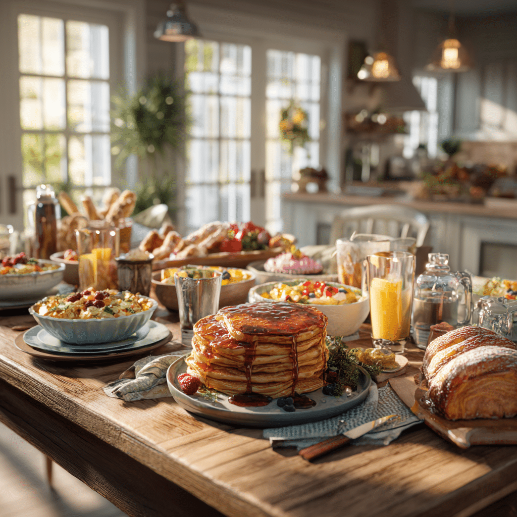 Variety of American recipes on a kitchen table with pancakes, chicken, pies, and fruit drinks