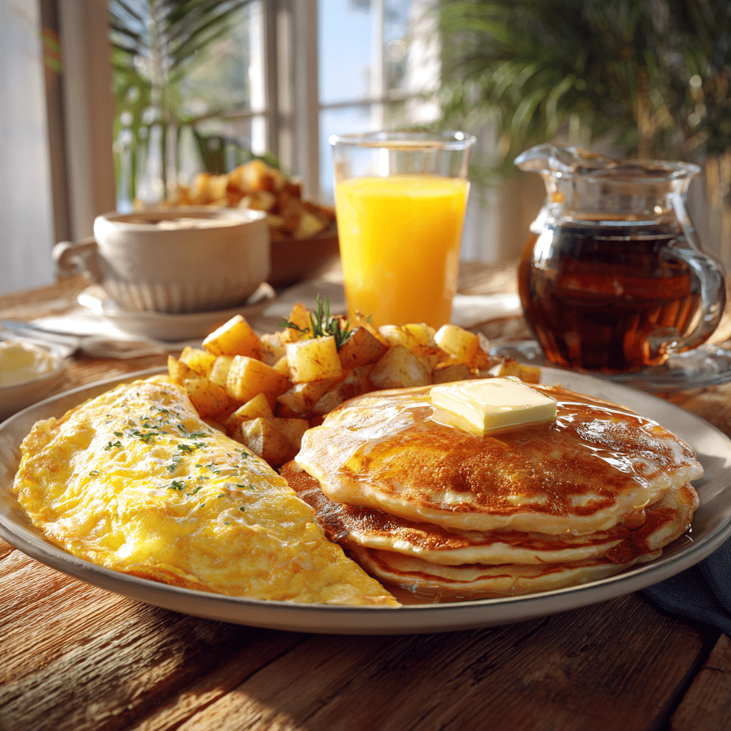 Traditional American breakfast with a stack of pancakes and coffee