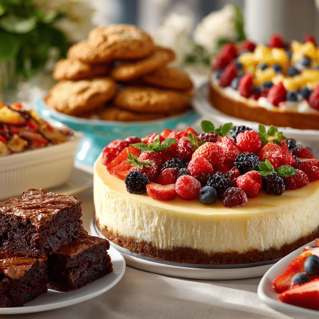 Celebration dessert table with cheesecake, brownies, and fruit