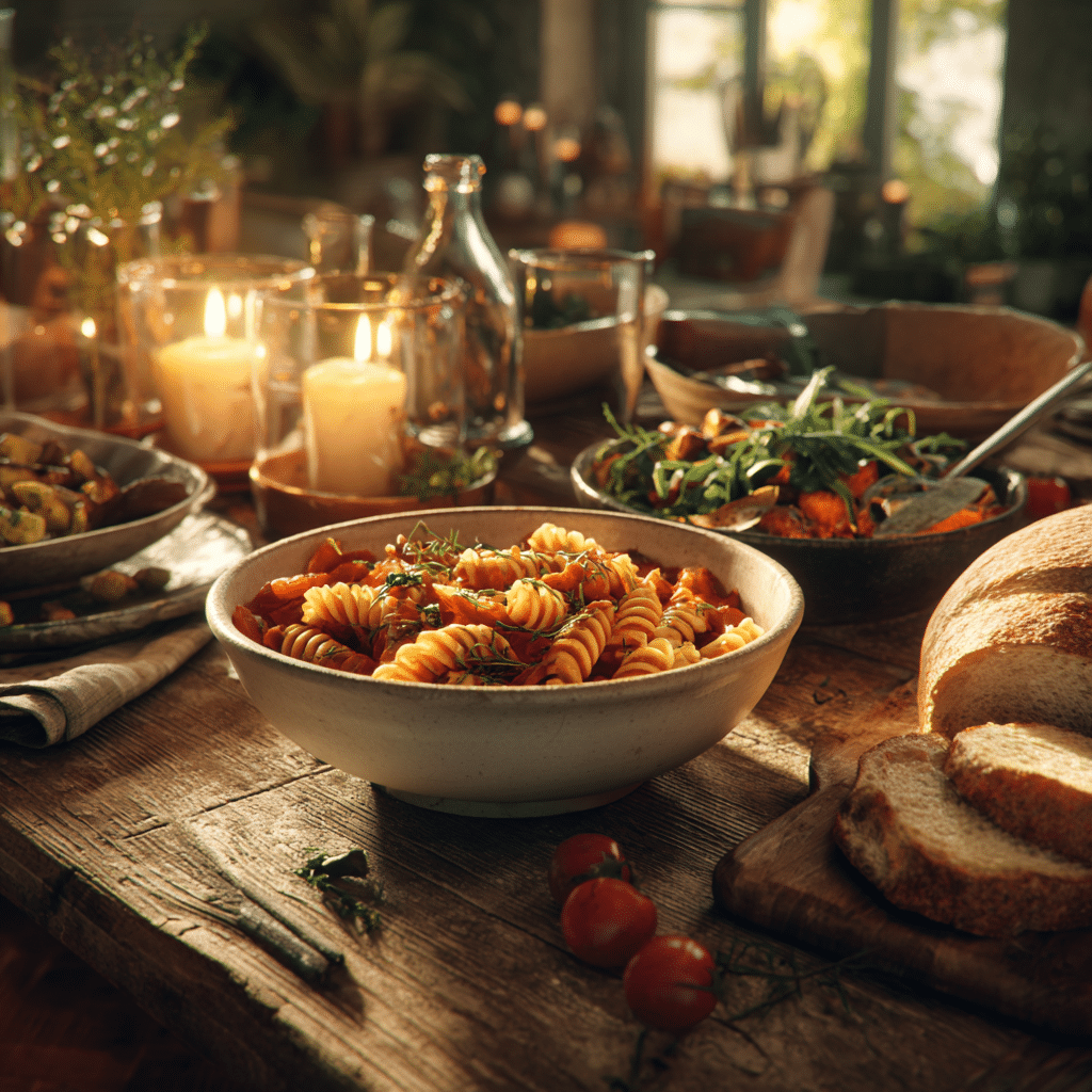 Evening family dinner with pasta, salad, and bread