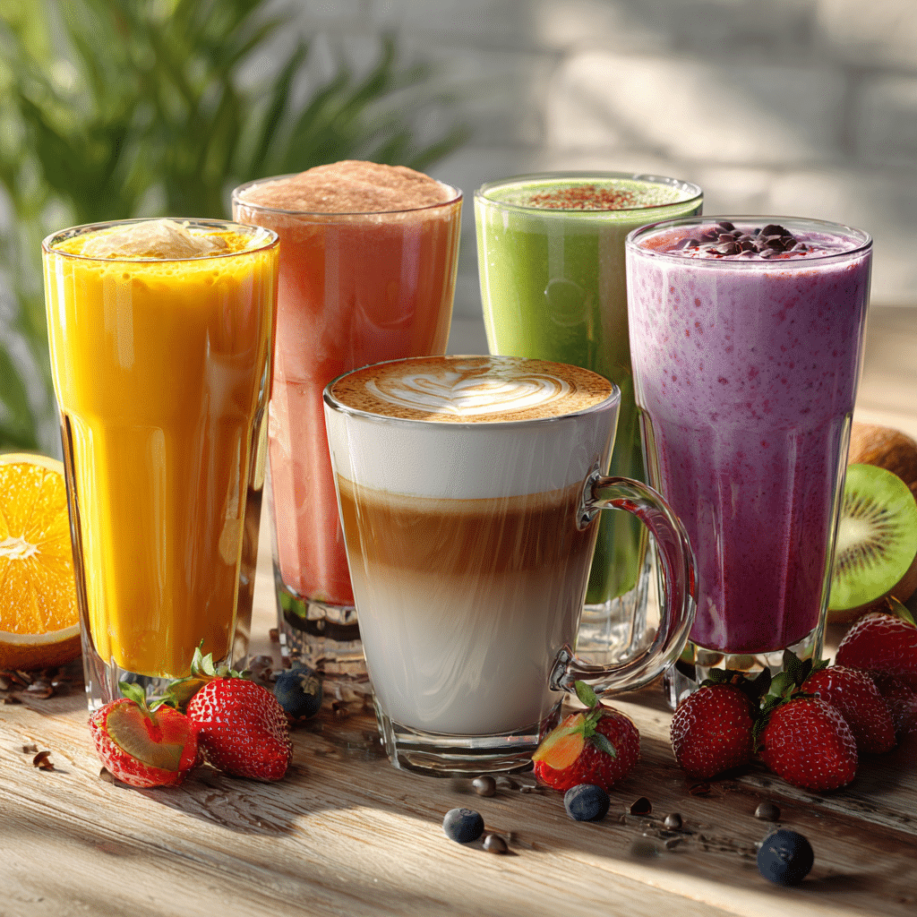 Fruit smoothies, green juice, and coffee drinks