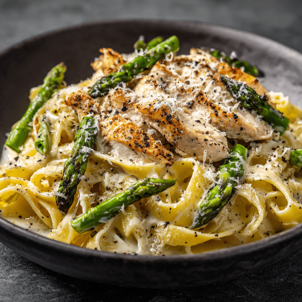 Creamy Black Pepper Chicken Pasta with Asparagus