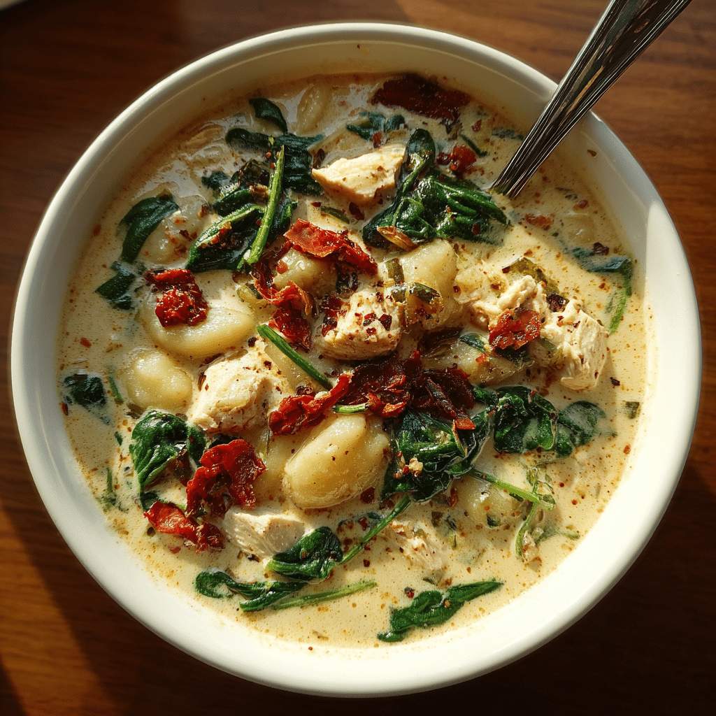 Creamy Chicken Gnocchi Soup with Spinach and Sun-Dried Tomatoes