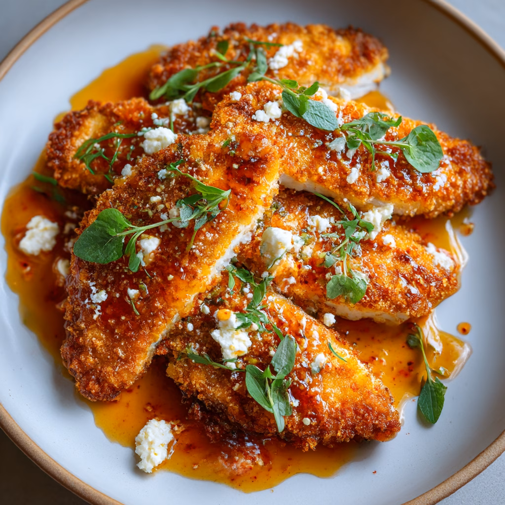 Crispy Feta Chicken with Hot Honey Sauce