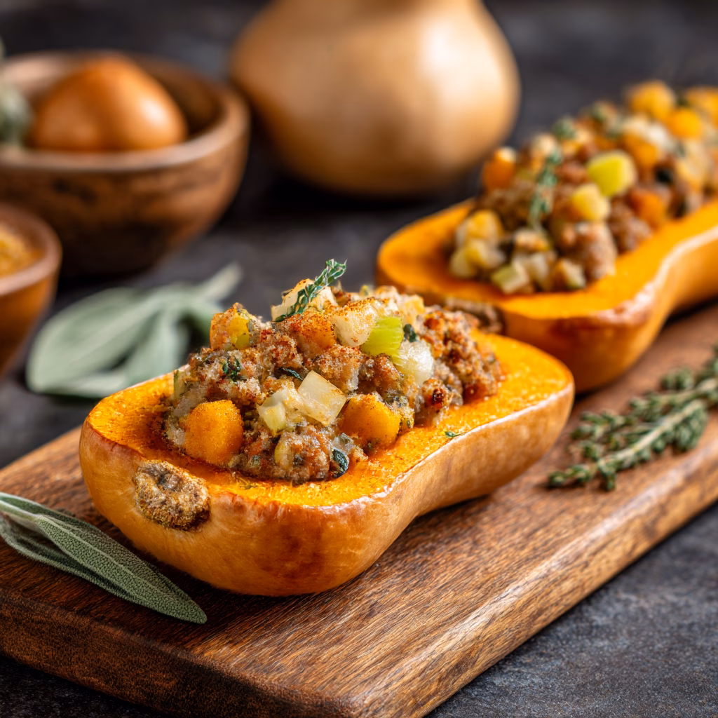Stuffed Butternut Squash with Turkey Sausage and Apples